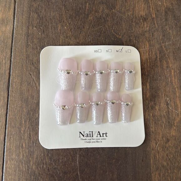 Pink and Silver Glitter Nails with hearts & Pearls Art Nails Set - Picture 1 of 5